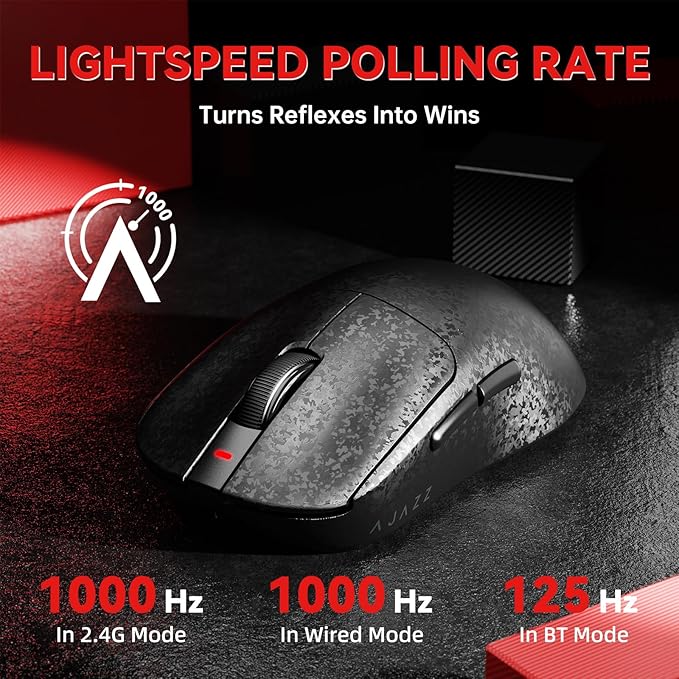 A.JAZZ Ajazz AJ199 Wireless Gaming Mouse Ultra-Lightweight 55g Tri-Mode Connection 24000 DPI PAW3311 Sensor Carbon Fiber Shell 500mAh Battery 1K Polling Rate Durable & Anti-Slip Design Black