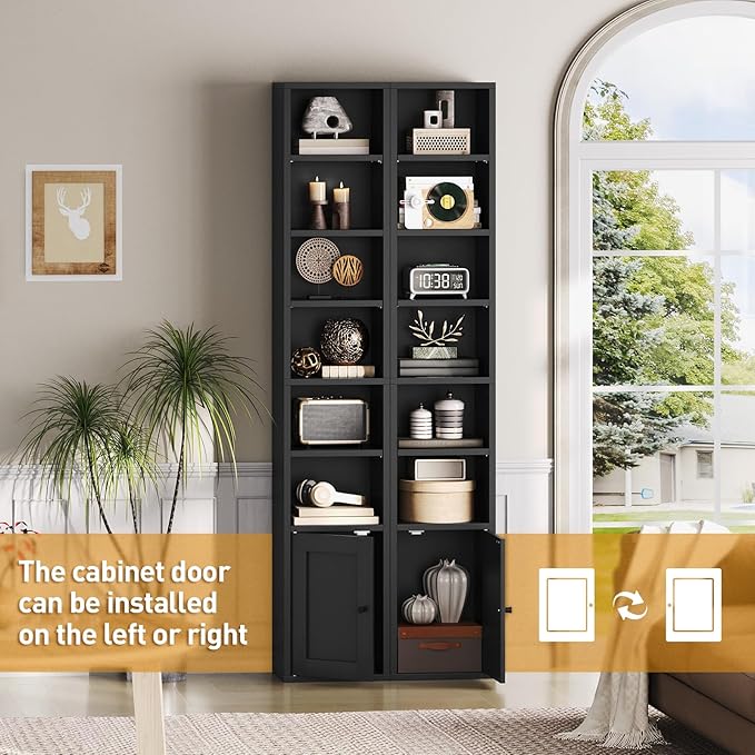 RALGEND 7-Tier Tall Narrow Bookshelf with Door, 11.8 X 9.3 X 70.9 Inches CD DVD Slim Media Tower Rack with Storage Cabinet, Adjustable Shelves, Skinny Bookshelf Display Bookcase for Home Office, Black