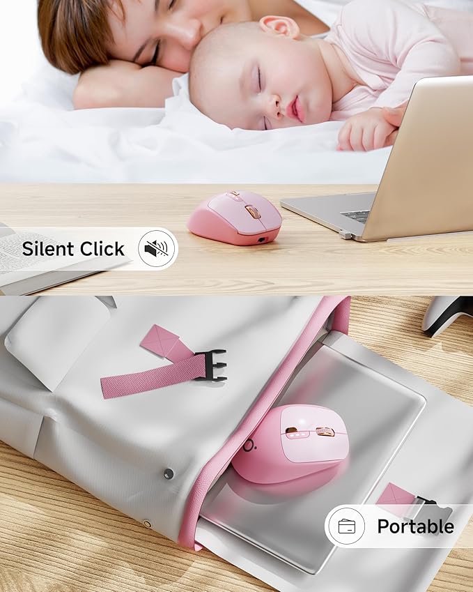 EWEADN Q5 Wireless Mouse, Bluetooth & 2.4G Quiet Computer Mouses with Battery Level Display, 1600 DPI, Ergonomic Office Mouse, 6 Button Portable Cute Computer Mouse for Laptop/PC/Mac - Rose Pink