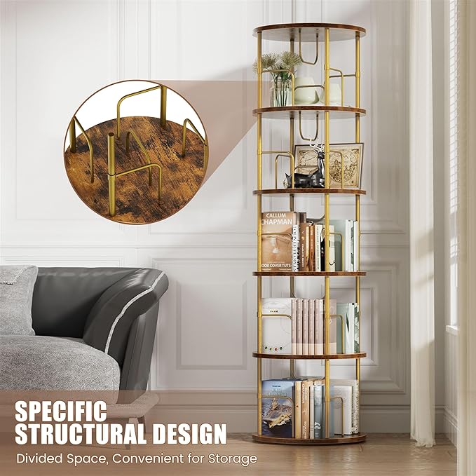 Flycity 5 Tier Rotating Bookshelf, 360° Corner Bookshelf Tower, Round Revolving Bookcase with Special Visible Partition Storage, Narrow Book Shelf Organizer for Living Room, Small Space, Gold