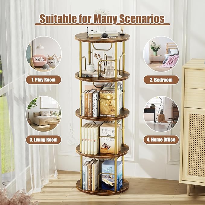ALLSTAND Rotating Bookshelf, 4 Tier Spinning Bookshelf Tower, 360° Display Unique Round Bookcase, Floor Standing Corner Revolving Bookshelf Storage Organizer for Small Spaces, Home Study Office, Gold
