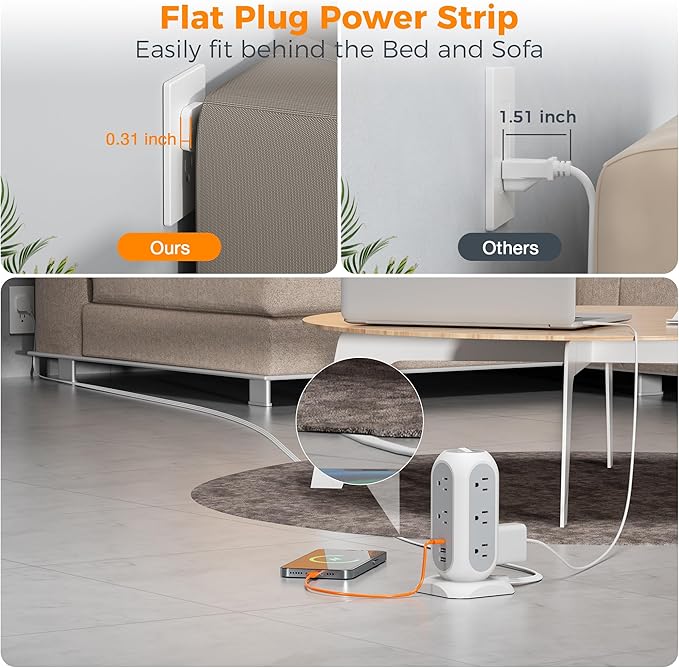 TESSAN Tower Power Strip Flat Plug with 11 Outlets 3 USB (1 USB C), Surge Protector Tower 1625W/13A,1050J Protection, 15 Feet Extension Cord with Multiple Outlets, Dorm, Office Desk Supplies, Grey