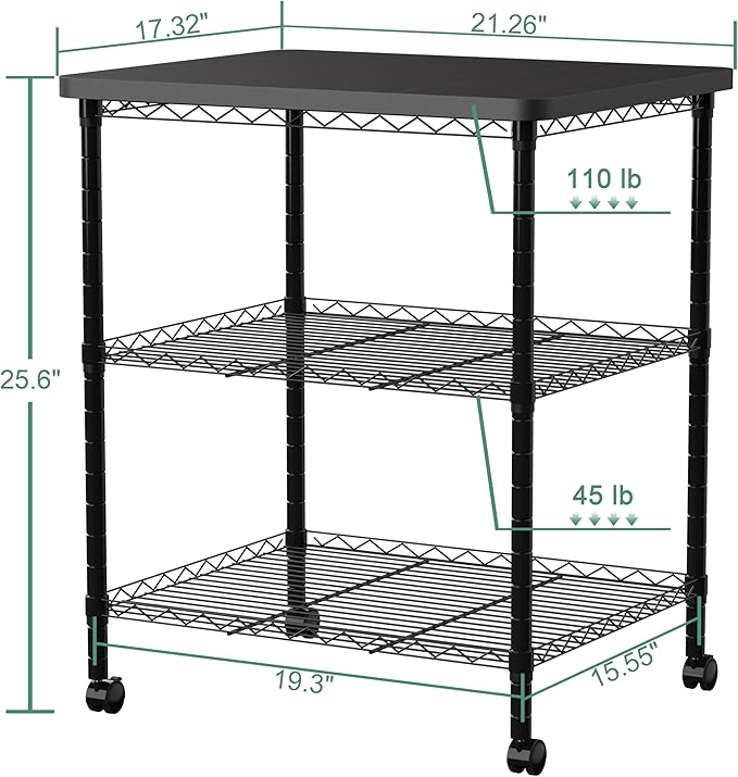 Printer Stand with Locking Wheels, Adjustable Heights 3 Tier Under Desk Table, Rolling Printer Cart Storage Paper Files Holder for Desk, Office, Home, Black