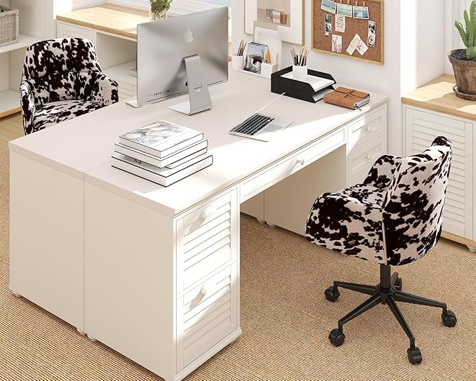 Modern Swivel Home Office Desk Chairs with Wheels and Arms Set of 2, Cow Print Velvet Height Adjustable Comfortable Ergonomic Desk Chairs, Wide Cute Cowhide Computer Armchairs for Living Room Home