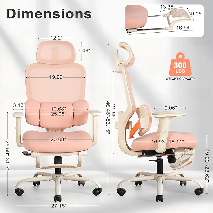 Ergonomic Office Chair with Footrest, Mesh Desk Chair with Adjustable Headrest & Armrests & Dynamic Floating Wing Lumbar Support, High Back Computer Chair for Home Office, BIFMA Certified, Pink