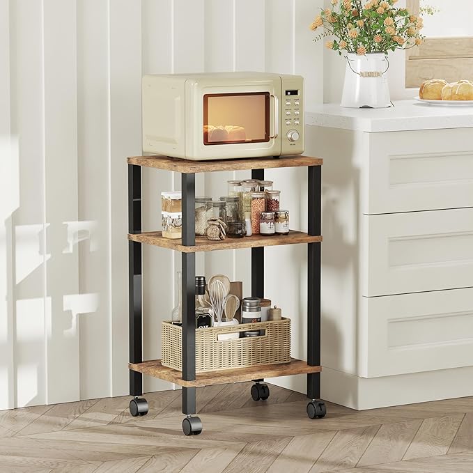 3-Tier Printer Stand with Storage, Mobile Printer Cart with Rolling Casters & Adjustable Feet, Under Desk Storage Shelf for Home Office, Rustic Brown, 15.7" x 11.8" x 25.9"