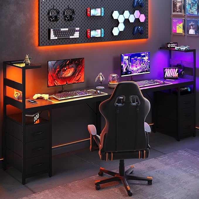 YOUDENOVA 48 Inch Gaming Computer Desk with Led Lights, Small Desk with Storage Shelves and Drawers, Reversible Compact Gamer Table for Home Office, Carbon Fiber Black