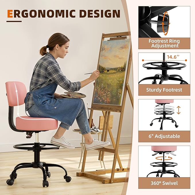 Drafting Chair with Back, Adjustable Foot Rest Rolling Stool (2, Pink)