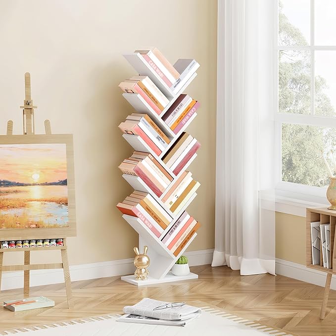 Hoctieon 10 Tier Tree Bookshelf, Tall Bookcase, Freestanding Book Shelf with LED Lights, Display Floor Standing Storage Shelf, Book Organizer Shelves for Home Office, Living Room, White