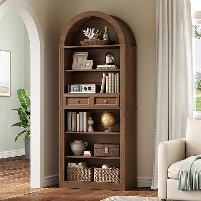 RALGEND Arched Bookshelf, 73" Tall Arch Bookcase with Drawers, 6-Tier Farmhouse Book Shelf, Wooden Bookshelf with Open Display Shelves for Living Room, Office, Adjustable Shelf, Walnut