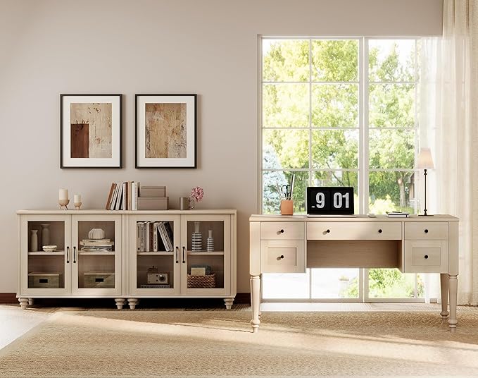 WAMPAT Home Office Furniture Set, 56'' Executive Desk with Charging Station, 2-in-1 Cabinet with Glass Doors, Wood Computer Desk with File Cabinet Storage, Open Shelf, Beige