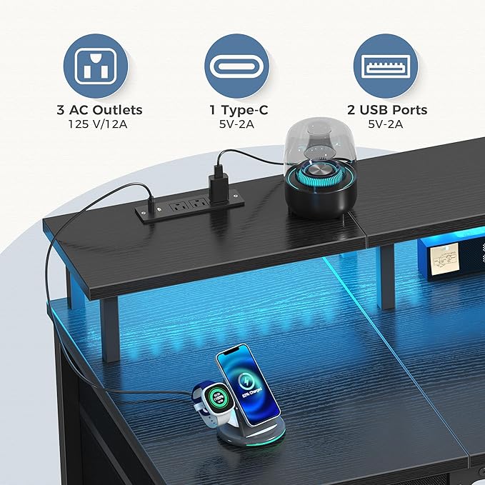 DUMOS Computer Desk with 4 Drawers,4 Drawer Gaming Desk with Power Outlets and LED Lights,Office Desk for Small Spaces with Monitor Shelf,Writing Desk for Home Office, Bedroom,Study 39 Inch Black