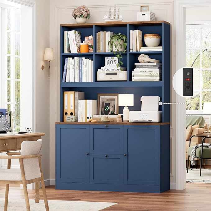HIFIT 72'' Tall File Bookcase with Power Outlet & Printer Stand, 2 Drawer Filing Cabinets for Home Office Fit Hanging A4/Letter File, Storage Cabinet w/ 3 Tier Book Shelf & Doors for Living Room, Blue