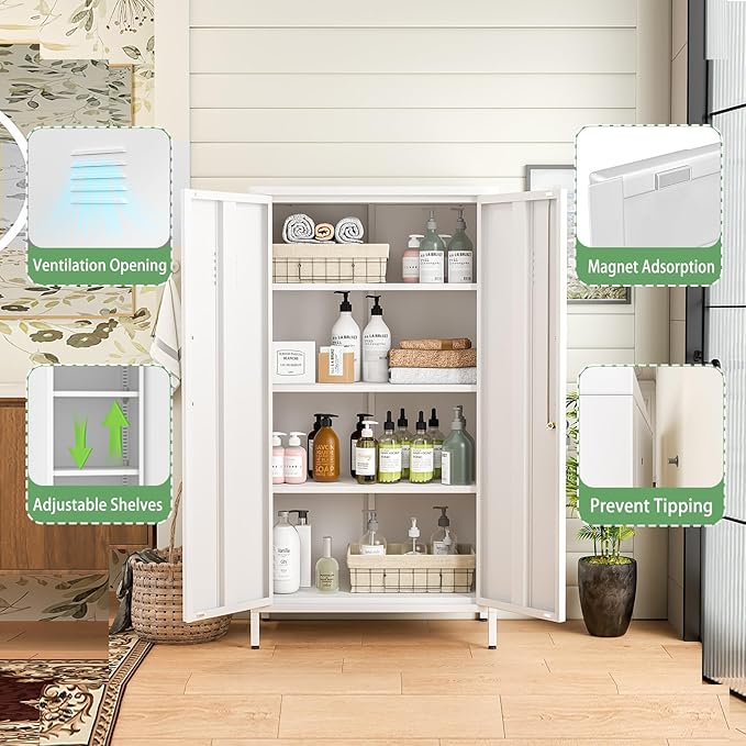 Ckzbx Tall Narrow Storage Cabinet 51.18" H Bathroom Cabinet Metal Pantry Cabinets, 3 Adjustable Shelves for Kitchen, Home Office, Living Room, Dinning Room (30 inches Wide White)