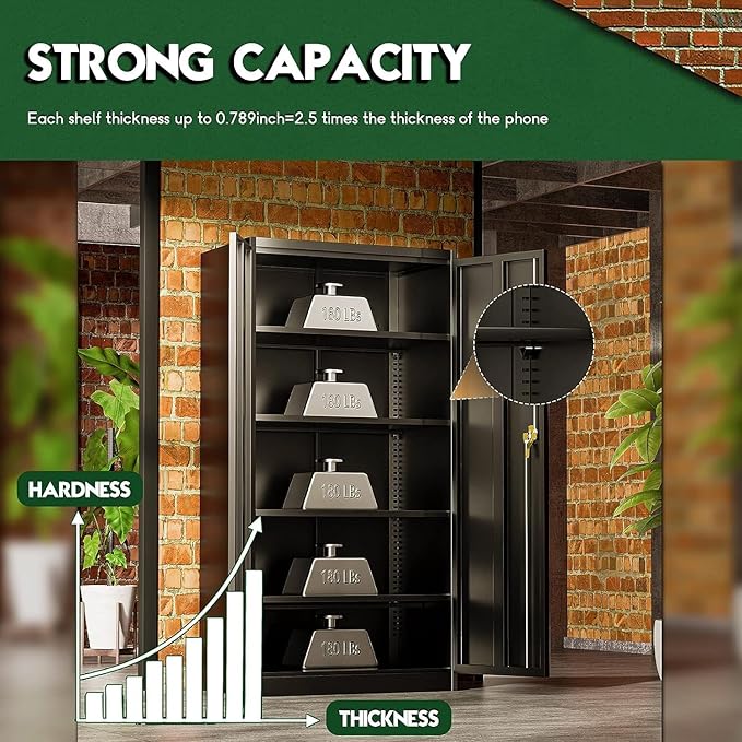 Greenvelly Metal Cabinet with Lock, 72" Metal Storage Cabinet with 2 Doors and Adjustable 4 Shelves, Locking Cabinet for Home Office, Garage(32" W x 16" D), Black