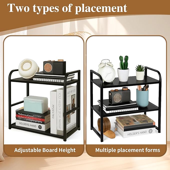 Desktop Shelf Organizer 2-Tier Office Desk Shelf for Top of Desk Wood & Metal Bookshelf Supplies Storage Rack (Black)