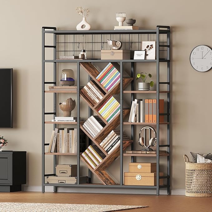 RALGEND Triple 6-Tier Bookshelf, Industrial Large Bookcase with 18 Open Display Shelves, Modern Tree Bookcase with Metal Frame and Hanging Function for Living Room, Home Office, Rustic Brown and Black