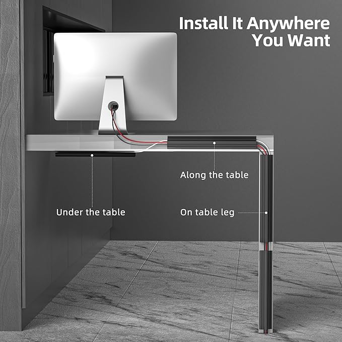 YECAYE 94.2in Cable Management, Cable Organizer,Adhesive Mount Cord Organizer for Desk, Cord Organizer, No-Drill Desk Wire Management for Home Office, Baby proofing, Black
