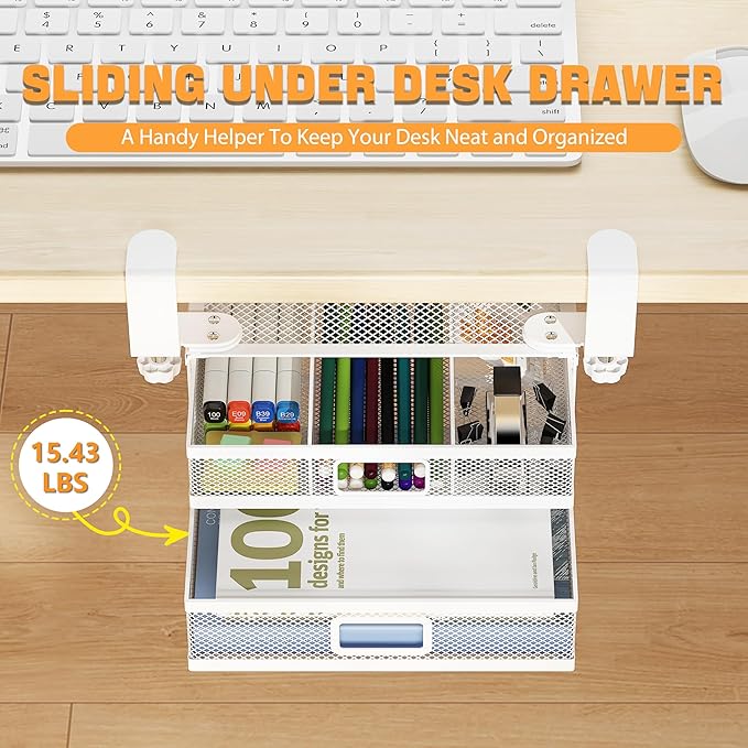 Under Desk Drawer Organizer with 2 Slide Out Drawers – No Drilling Metal Clamp-On Storage, Anti-Slip Desk Drawer Attachment for Home & Office Desktop Organization (White)