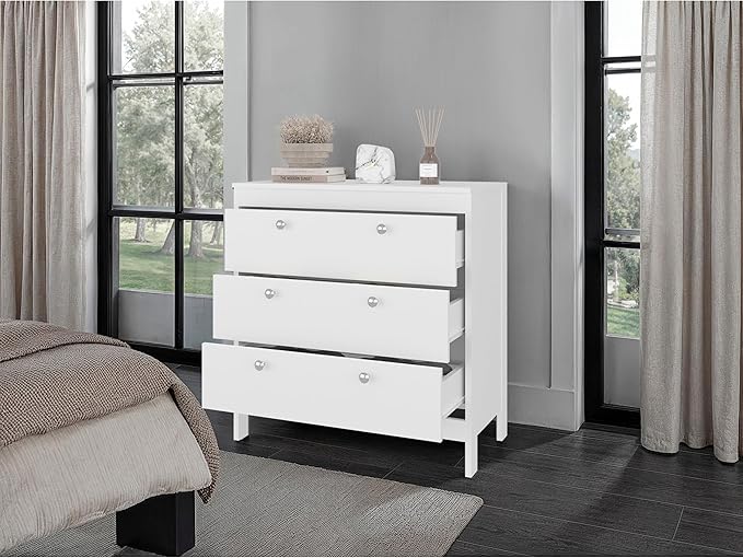 White 3-Drawer Chest with Functional Storage Clean-lined modern design enhances bedrooms, living rooms, or home offices while maintaining a neat, uncluttered, and visually balanced environment Clea