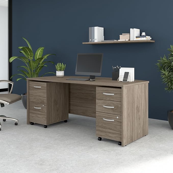 Bush Business Furniture Studio C 72W x 36D Bow Front Desk with Mobile File Cabinets in Modern Hickory