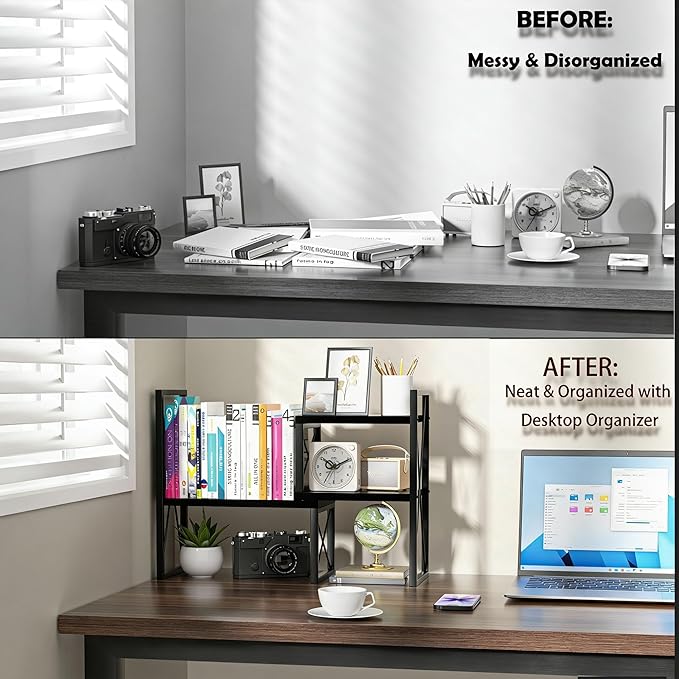 Desktop Shelf Organizer, Small Bookshelf for Office, Wood Shelves, Office Organization and Storage (Black)