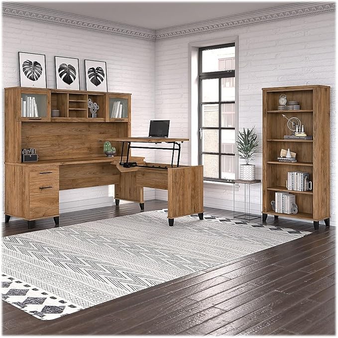 Bush Furniture Somerset 72W 3 Position Sit to Stand L Shaped Desk with Hutch and Bookcase in Fresh Walnut