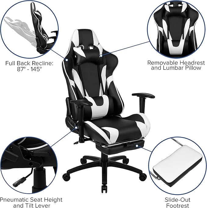 EMMA + OLIVER Black/Black Gaming Desk Set - Cup/Headset Holder/Reclining & Footrest