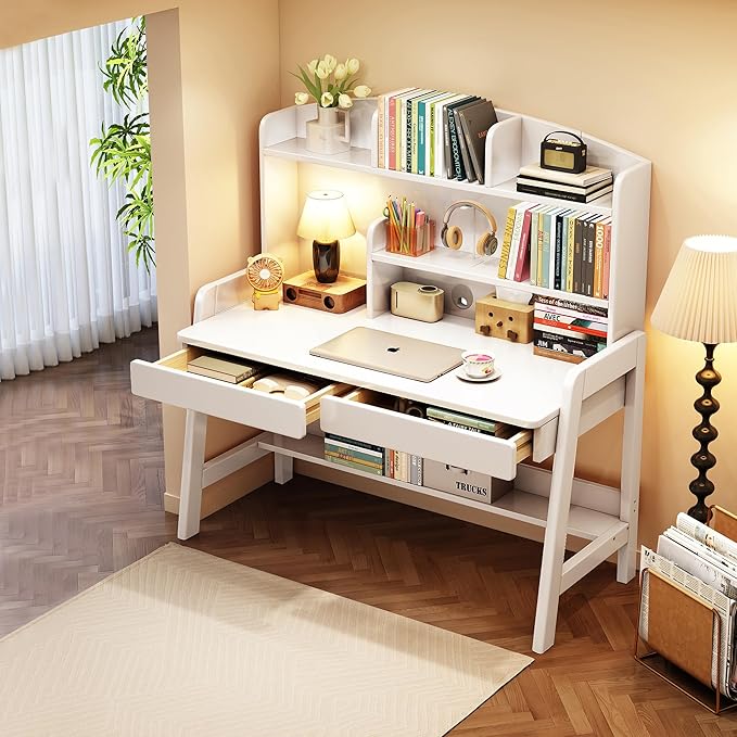Kids Desk Rubber Wood Kids Table Children’s Study Desk with Bookshelf and Two Drawers Children Study Computer Writing Workstation for 3 and Above (White