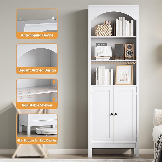 Bookshelf with Doors, 71" Tall Wood Book Shelf with Cabinet, 24" Wide Arched Bookcase with Adjustable Shelf, Floor Standing Display Storage Cabinet for Home Office, Study and Living Room, Modern White