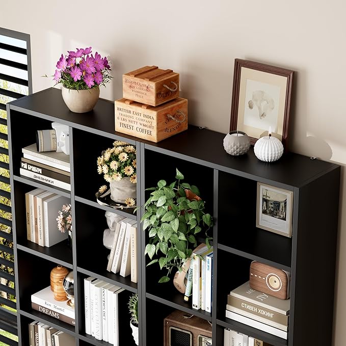 FOTOSOK 71'' Tall Bookshelf with 14 Cubes, 7 Tier Double Wide Black Bookshelf with 6 Adjustable Shelves, 19.6" Narrow Bookcase DVD/CD Media Storage, Space Saving Display Shelf Cabinet, Black