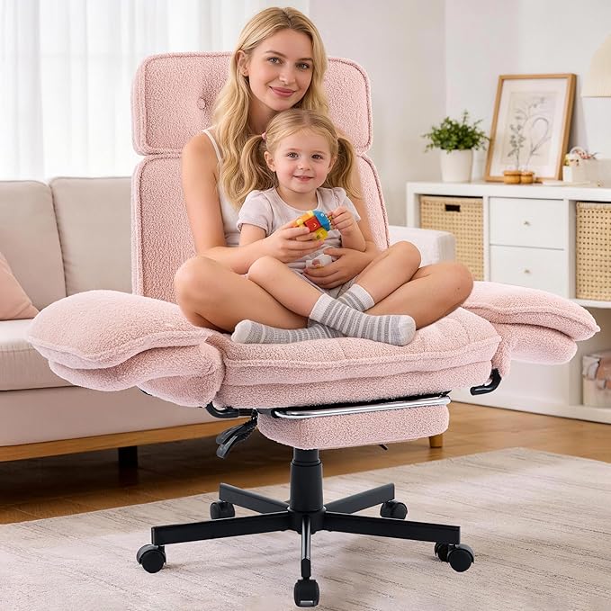 Criss Cross Chair with Wheels, Extra Wide Cross Legged Office Chair with Flip-Up Armrests & Footrest, Ergonomic Teddy Fleece Swivel Desk Chair with Adjustable Headrest for Home Office & Vanity Pink