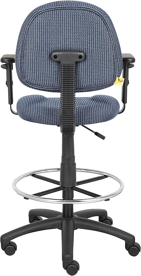 BOWERY HILL Contemporary Rolling Fabric Drafting Stool, Adjustable Height with Arms, Blue Finish, Contoured Back and Seat, Chrome Footring, Dual-Wheel Casters, Home or Office Use, 25" W x 25" D x