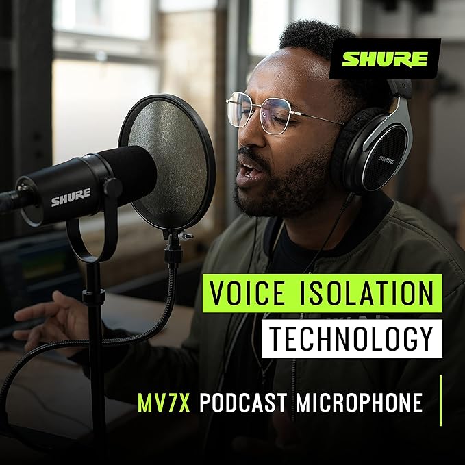 Shure MV7X XLR Dynamic Microphone – Voice-Isolating Cardioid Mic for Podcasting, Vocal Recording & Broadcasting, All-Metal, Black