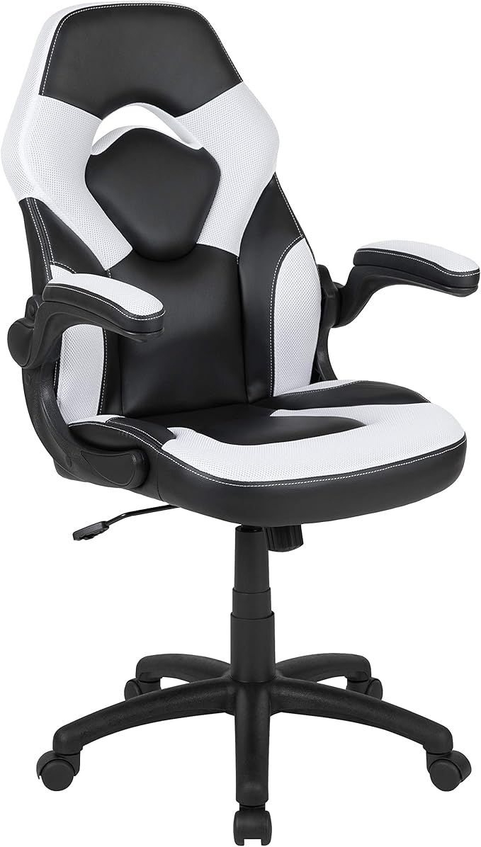 Flash Furniture X10 High-Back LeatherSoft Racing Style Gaming Chair with Flip-Up Arms, Ergonomic Padded Swivel Computer Chair, White/Black