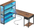 PRAISUN 57 Inch L Shaped Gaming Computer Desk with Larger Open Cabinet, Reverisble Office Desk with Power Outlets, LED Lights, Work Desk, Fabric Drawer, Adjustable Wood and Mesh Shelf, Rustic Brown