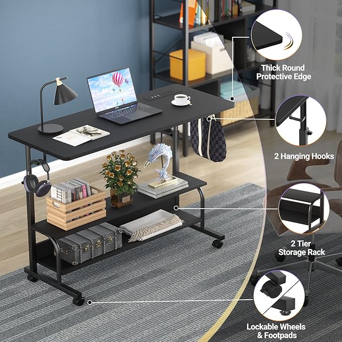 Armocity Rolling Standing Desk with Power Outlets, 39" Manual Height Adjustable Mobile Computer Desk with Wheels, Small Portable Sit Stand Laptop Couch Table for Bed & Sofa Home Office, Black