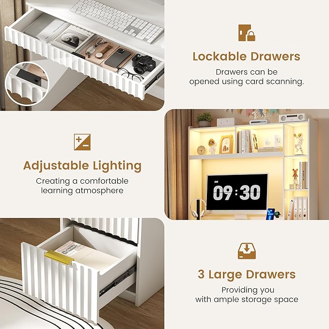 Lvifur LED Study Desk - with Hutch & Storage Cabinet,Home Office Desk with Outlet and 3 Color LED and Card-Based Lock,Writing Desk Computer Desks for Studyroom,Ideal for Office Set,White