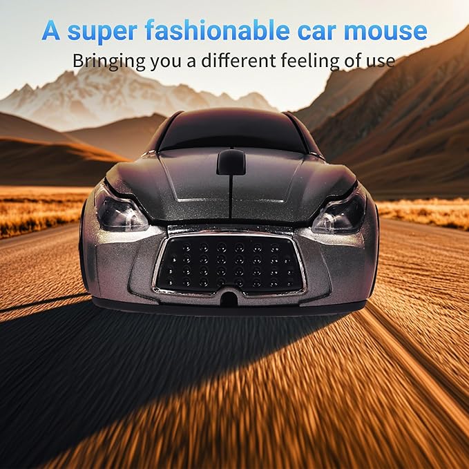 elec Space Wireless Car Mouse with LED Headlights, 2.4G Unique Car Mouse for Kids, 1600 DPI Cute Gaming Mouse for Laptop PC Computer - Grey