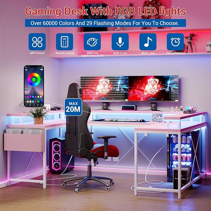 Jojoka U-Shaped Computer Desk with Power Outlets & RGB LED Lights - Reversible l-Shaped Office Desk, Full Monitor Stand, Modern Home Office Workstation, 600lbs Capacity 79",Game Desk, Pink