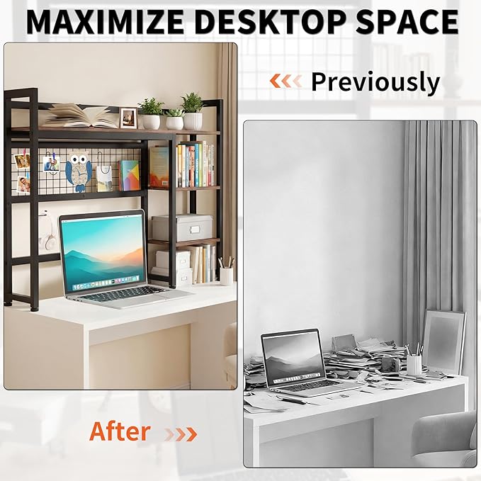 Desktop Shelf, 38.5'' Desktop Organizer Shelf for Computer Monitor, 4 Tier Hutch Storage Rack for Home Office Dorm, Rustic Brown
