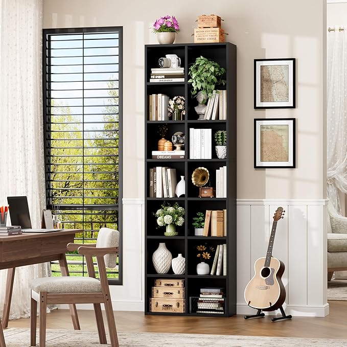 FOTOSOK 71'' Tall Bookshelf with 14 Cubes, 7 Tier Double Wide Black Bookshelf with 6 Adjustable Shelves, 19.6" Narrow Bookcase DVD/CD Media Storage, Space Saving Display Shelf Cabinet, Black