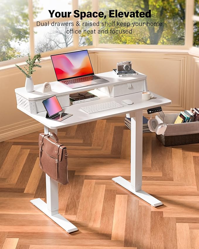 FiCiHi 35x20 Inch Standing Desk with Drawers, C-Clamp Mount Compatible, Electric Adjustable Height Computer Small Stand Up Desks, Home Office Sit Stand Table with 3 Preset Heights, White