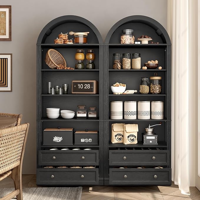 RALGEND Farmhouse Arched Bookshelf, 7 Tiers Arch Bookcase with 2 Spacious Drawers, Modern Book Shelf with Open Display Shelves and Storage Cabinet, for Office, Living Room, Kitchen, Black