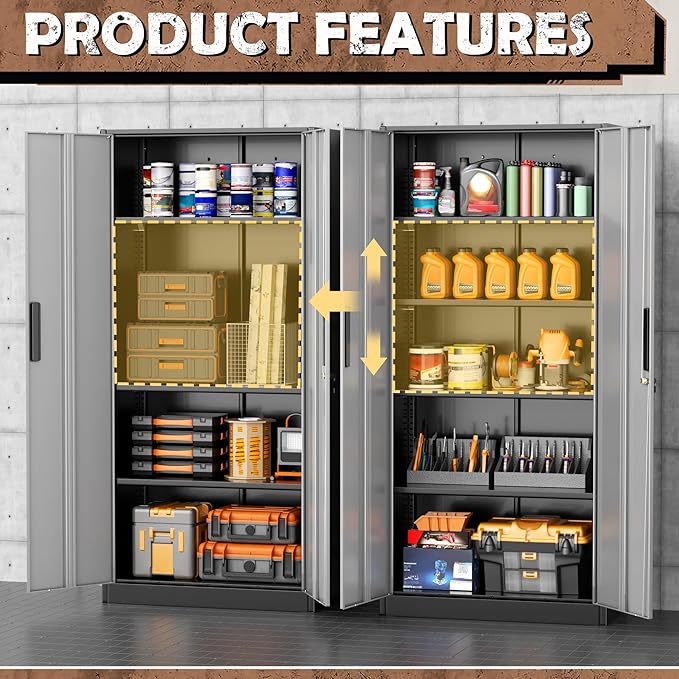 INTERGREAT Metal Lockable Storage Cabinet, 72” Storage Cabinet with 2 Doors and 4 Adjustable Shelves for Office, Home, Garage, Pantry (Assembly Required, Black Gray)