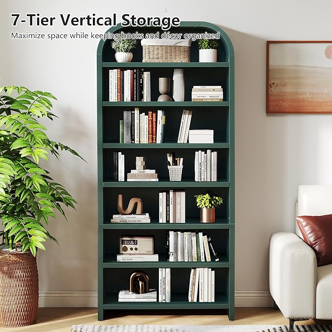 LEVNARY 70" Tall Arched Bookcase, 7-Tier Freestanding Storage Cabinet with Adjustable Shelves, Thick MDF Bookshelf for Bathroom Living Room Bedroom (Green)