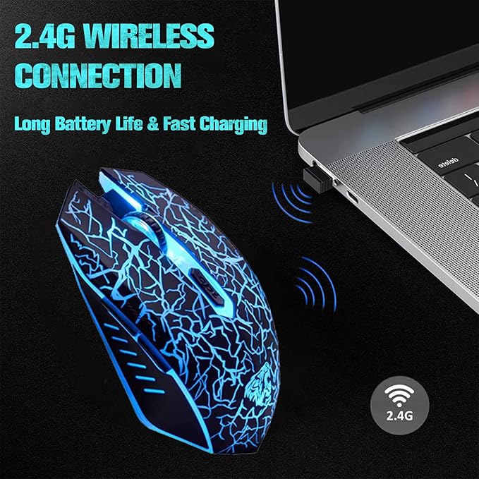 VEGCOO C10 Wireless Gaming Mouse Rechargeable Silent Optical Mice 7 Colors LED Lights, 7 Buttons 2400/1600/800DPI (Black)