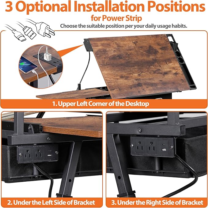 JupiterForce Drafting Table Art Desk w/Power Outlet and Stool, Adjustable Tilting Drawing Table Artist Desk with 2 Storage Drawers, Art Craft Work Station for Home Office Working, Writing, Crafting