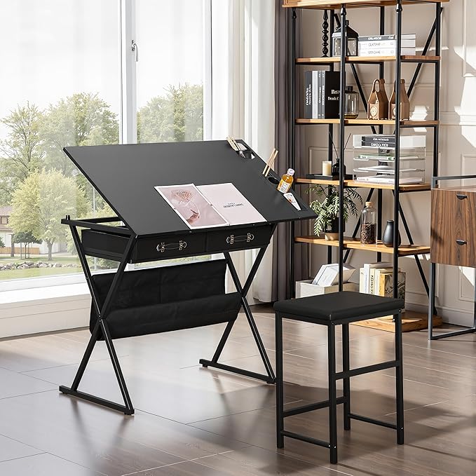 VECELO Drafting Table Art Desk Art Table Adjustable Drawing Table Tilted Tabletop with 2 Storage Drawers and Stool, Drawing Desk for Artist Painters Drawing, Crafting, Reading, Writing, Black