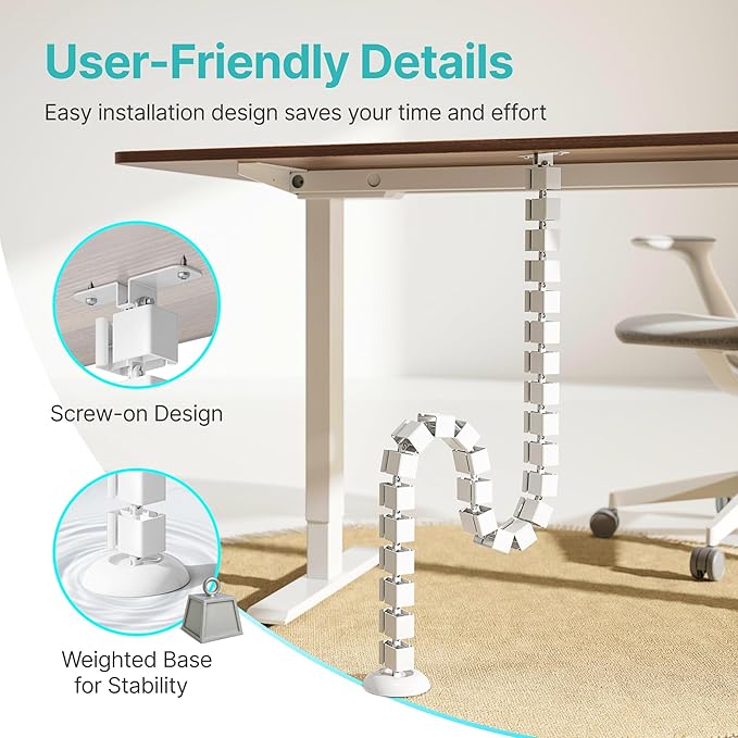PEGZONE Under Desk Cable Management Spine – Flexible Cable Snake Organizer for Standing Desk, Screw-Mounted Vertebrae Wire Management for Table, White